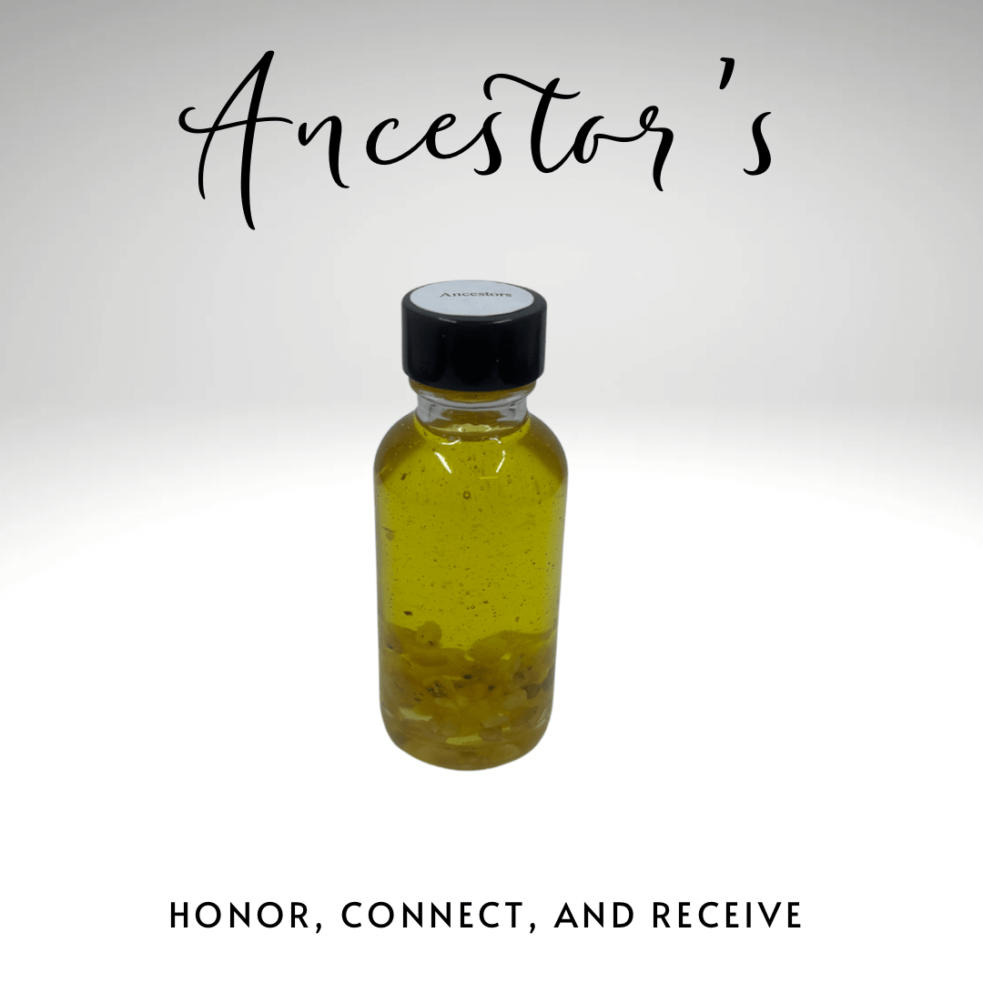 Small bottle of oil with a black cap on a white background, featuring the text 'Ancestor's' and 'Honor, Connect, and Receive'.