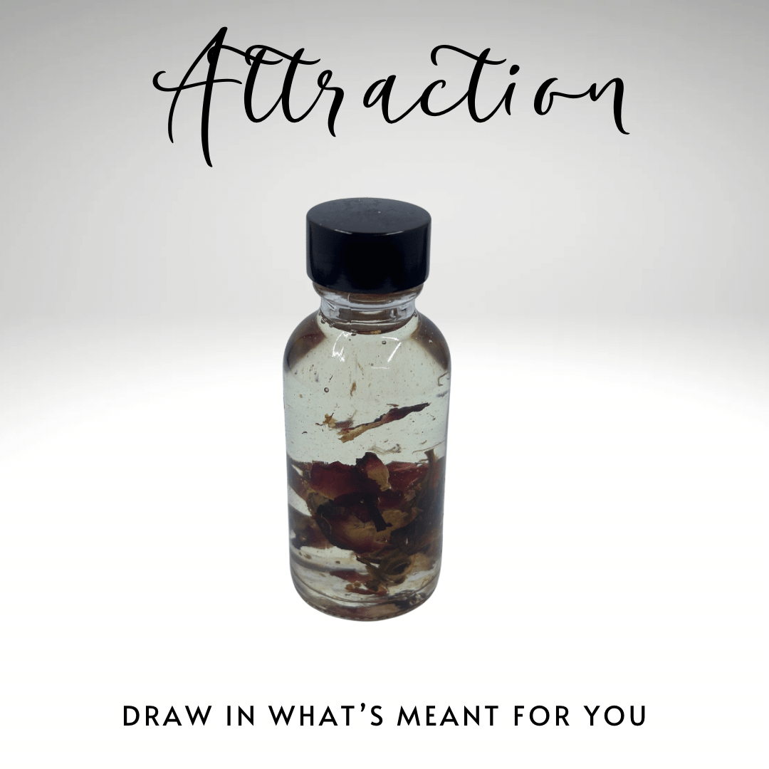 Glass bottle with black cap containing dried leaves on a white background with 'Attraction' text.