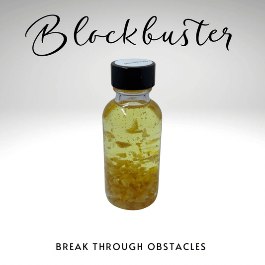 Bottle of yellow liquid with a black cap on a white background, labeled 'Blockbuster'.