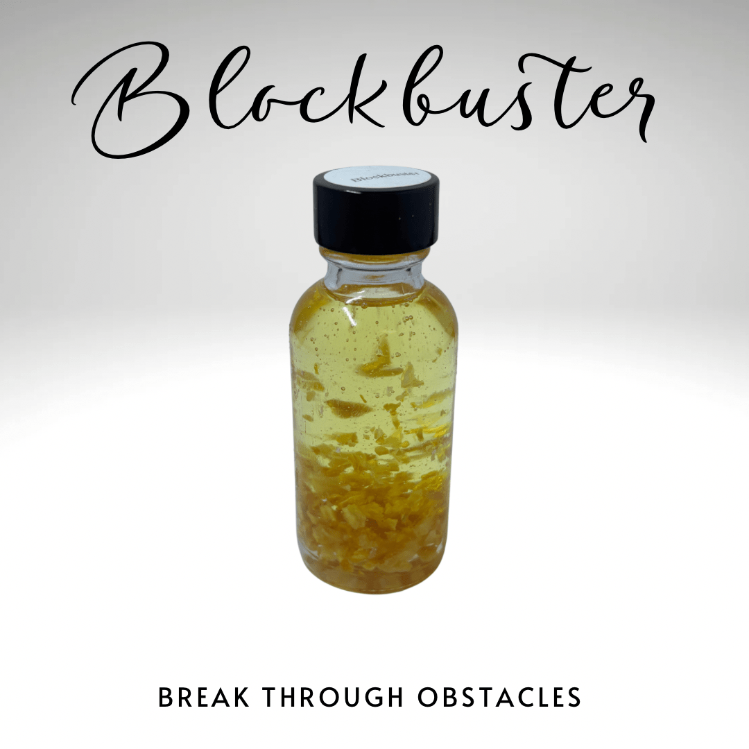 Bottle of yellow liquid with a black cap on a white background, labeled 'Blockbuster'.