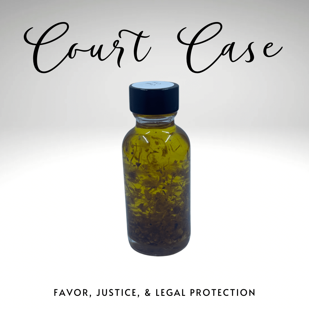 Bottle with a black cap on a white background, labeled 'Court Case' with text about favor, justice, and legal protection.