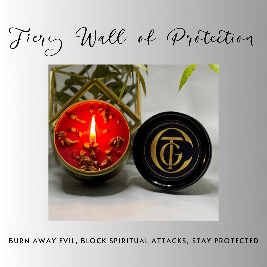 Candle with decorative elements and a black container labeled 'TC' on a light background.