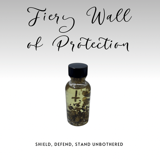 Bottle labeled 'Fiery Wall of Protection' with text 'Shield, Defend, Stand Unbothered' on a white background
