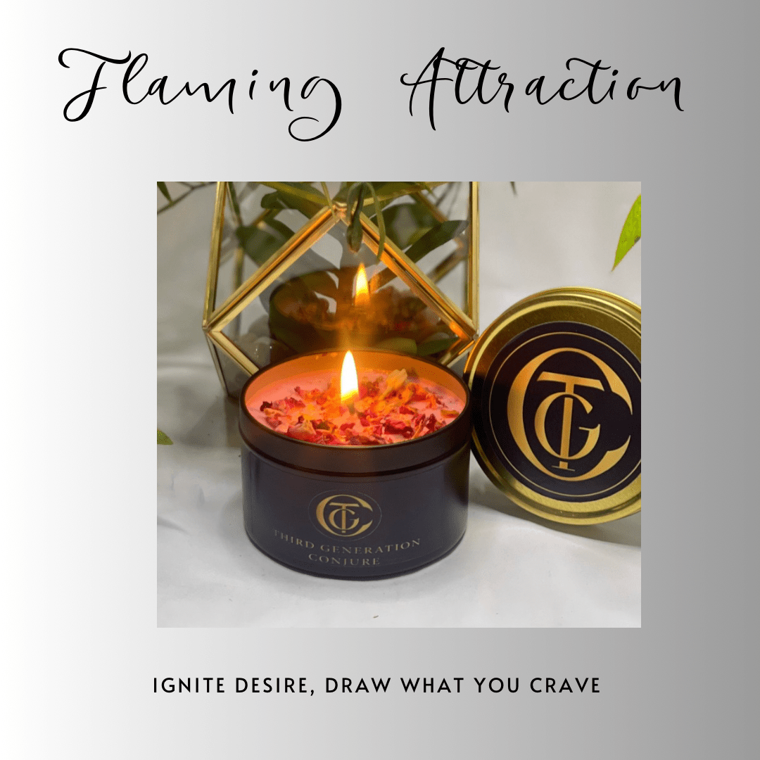Candle in a black container with 'TC' logo, surrounded by gold accents and greenery, on a light background.