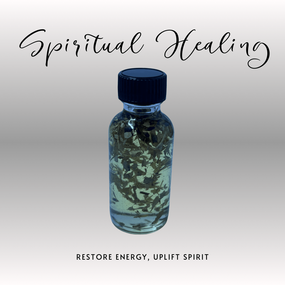 Bottle of liquid with herbs on a white background, labeled 'Spiritual Healing'.