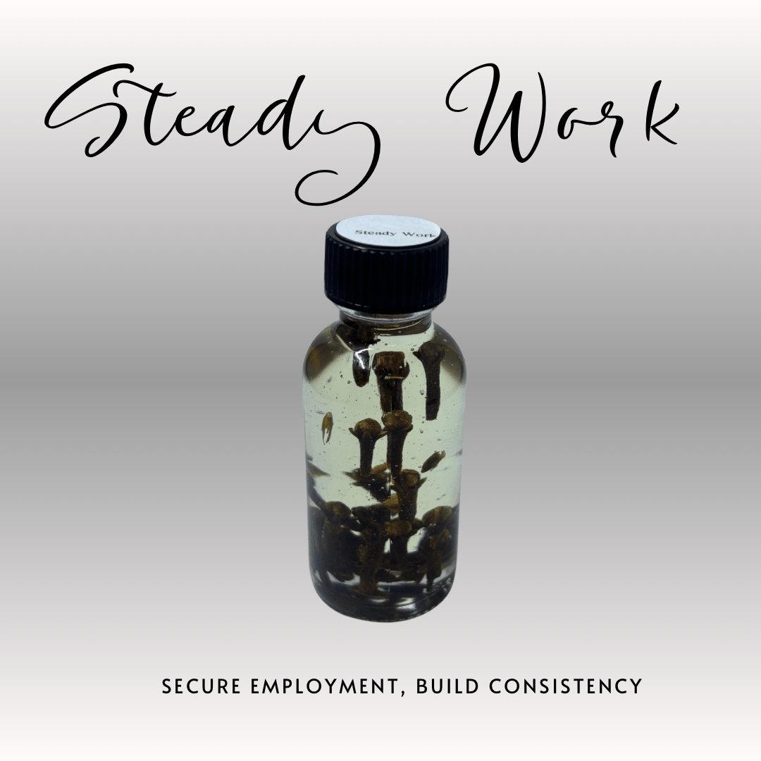 Small glass bottle with black cap containing small objects on a light gray background, with text 'Steady Work' and 'Secure Employment, Build Consistency'.