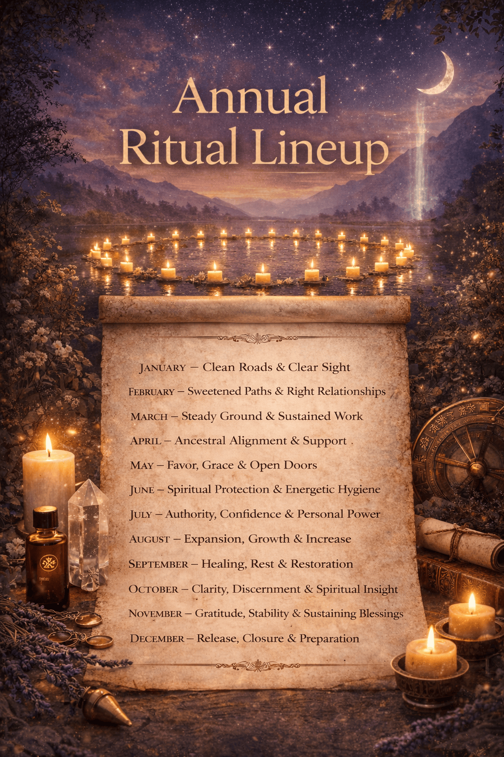 Photo of annual line up for rituals each month, January clear roads and clear sight, February sweetened paths and right relationships March steady ground and sustained work April ancestral alignment and support may favor grace and open door June spiritual protection and energetic hygiene july authority confidence and personal power august expansion growth and increase September healing rest and restoration October clarity discernment and spiritual insight November gratitude stability and sustaining blessing