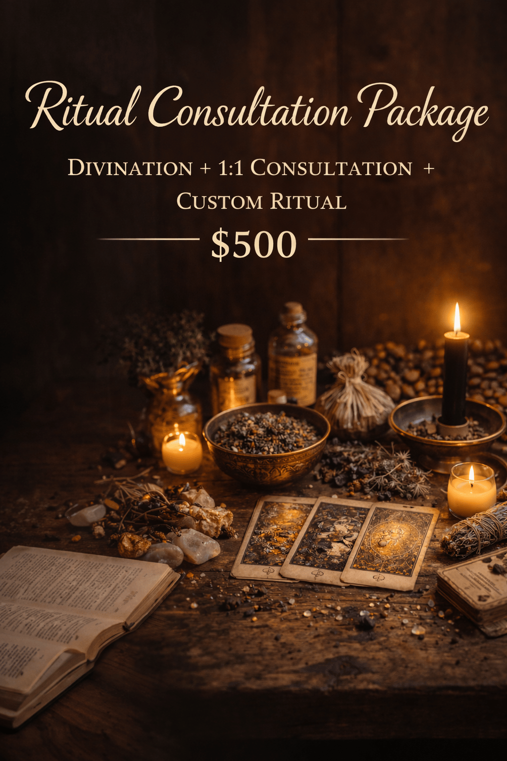 ritual consultation package divination 1 on 1 consultation and custom ritual a table with tarot cards assorted herbs and a candles lit with sage bundle and opened book bible