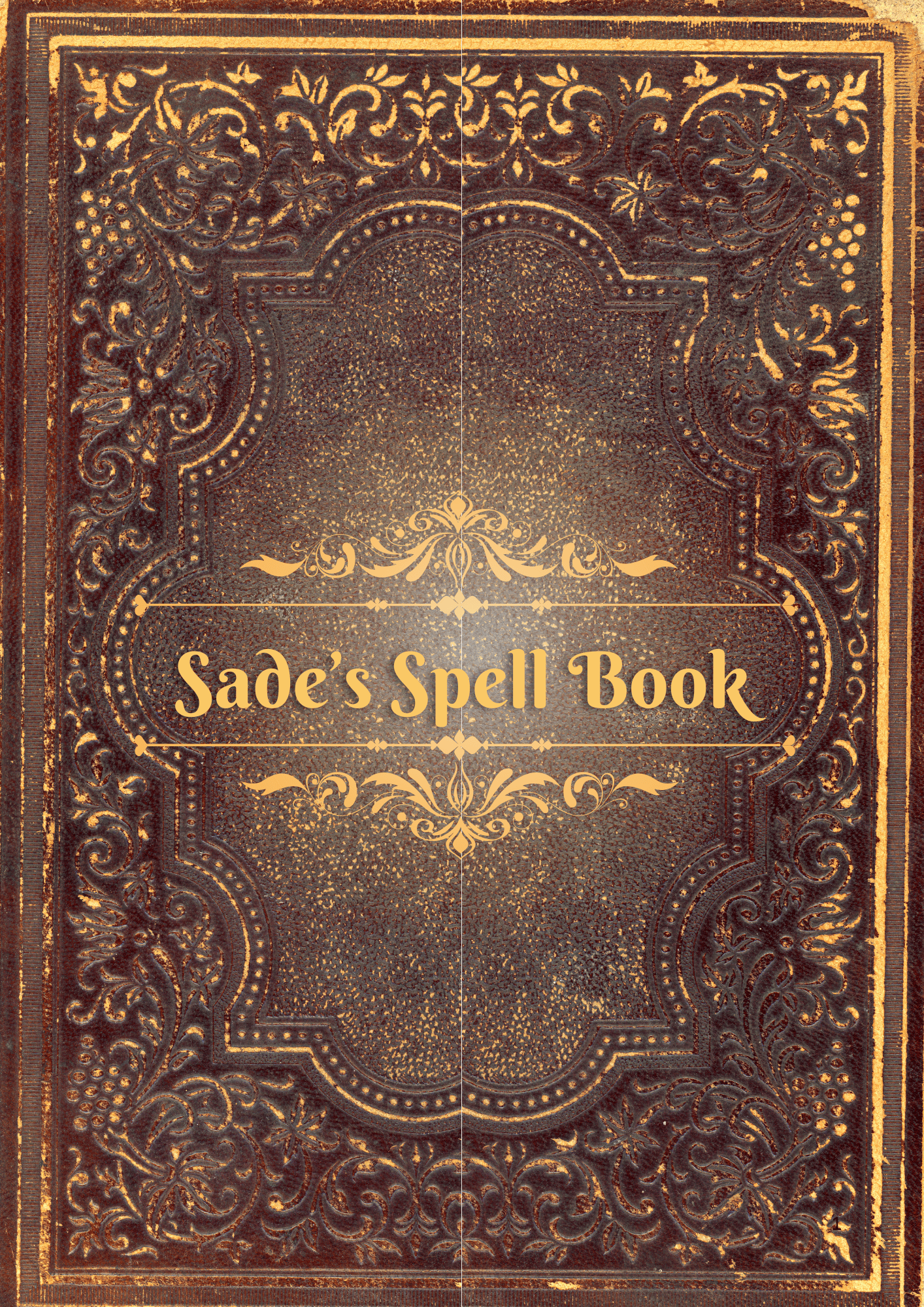 Brown book with letters spelling Sade's Spell Book a book of simple spells for magic