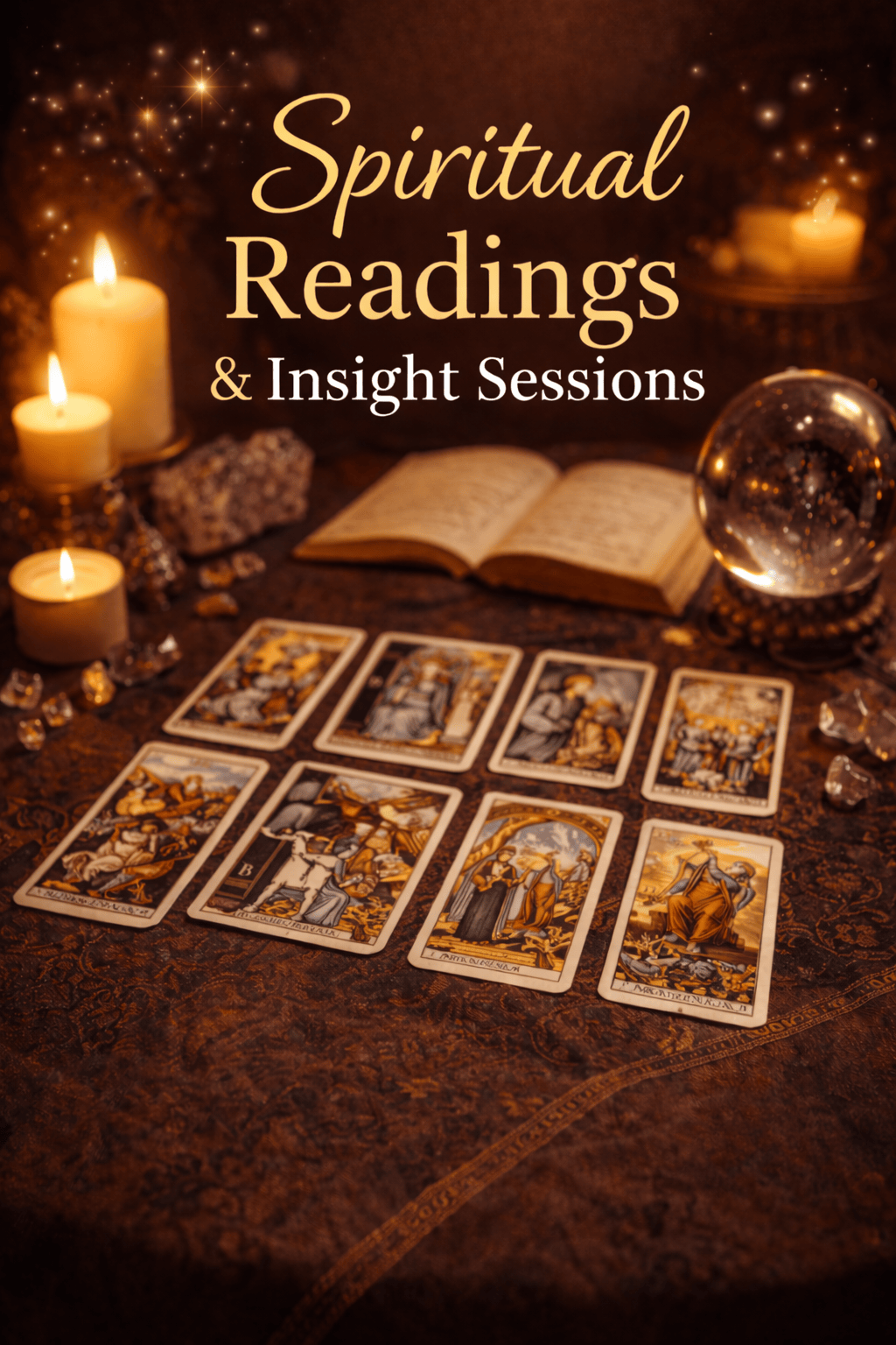 Tarot cards with candles and a crystal ball on a dark surface, promoting spiritual readings and insight sessions.