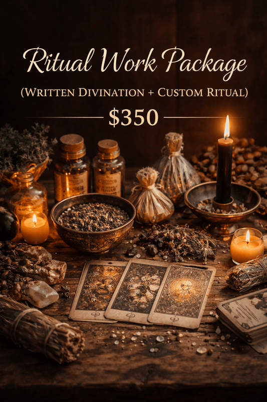 ritual work package written divination and custom ritual $350 assorted herbs on table with tarot cards, crystals, smudge stick and herbs and roots in jar and candles