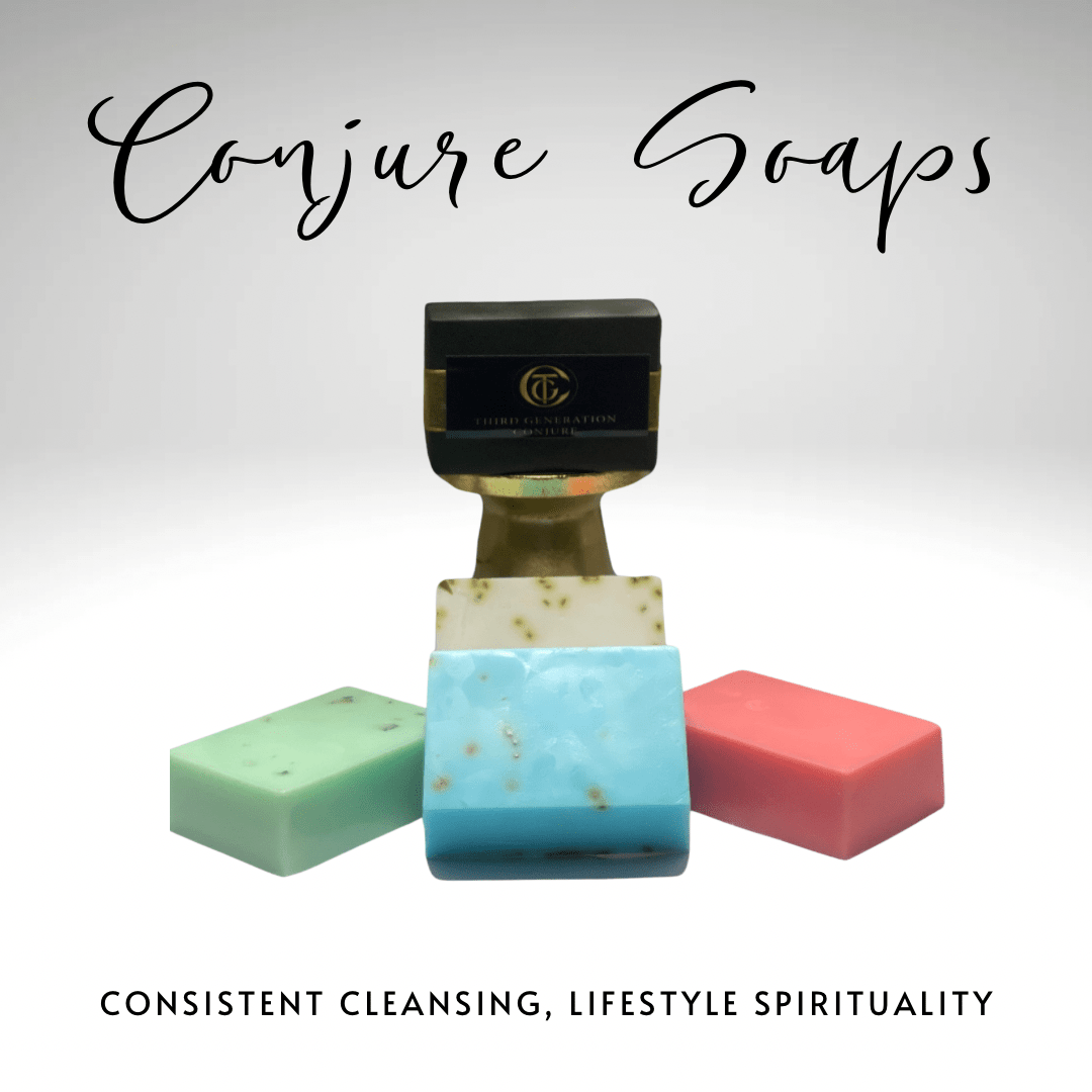 Three colorful soap bars with 'Conjure Soaps' branding on a light gray background.