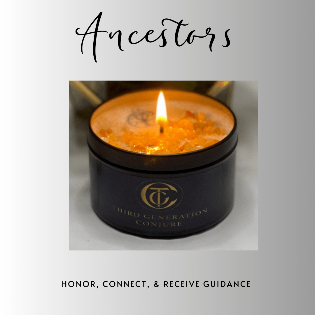 Candle in a black container with 'Ancestors' text and 'Third Generation Conjure' logo on a light gray background.
