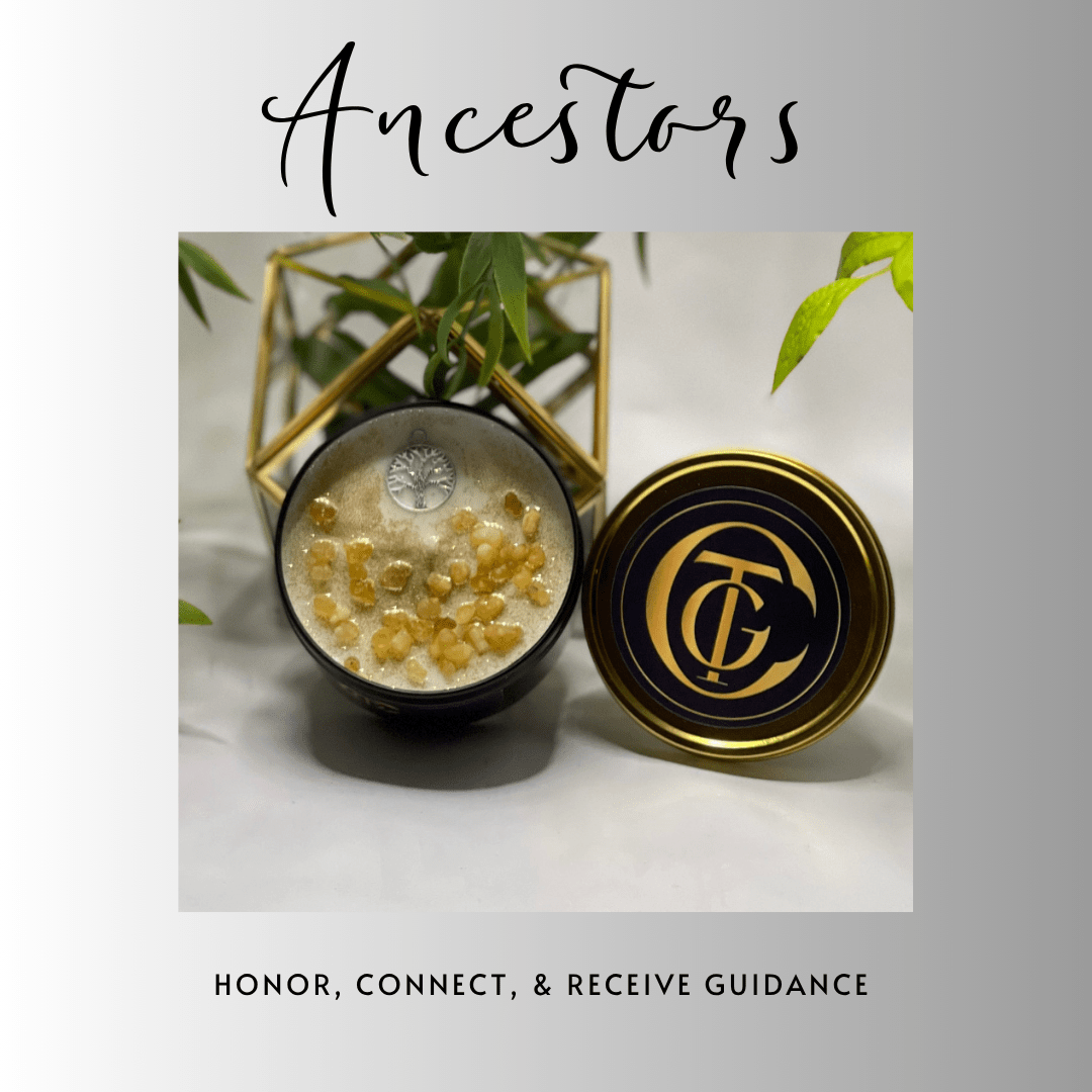 Decorative item with 'Ancestors' text and gold accents on a white background