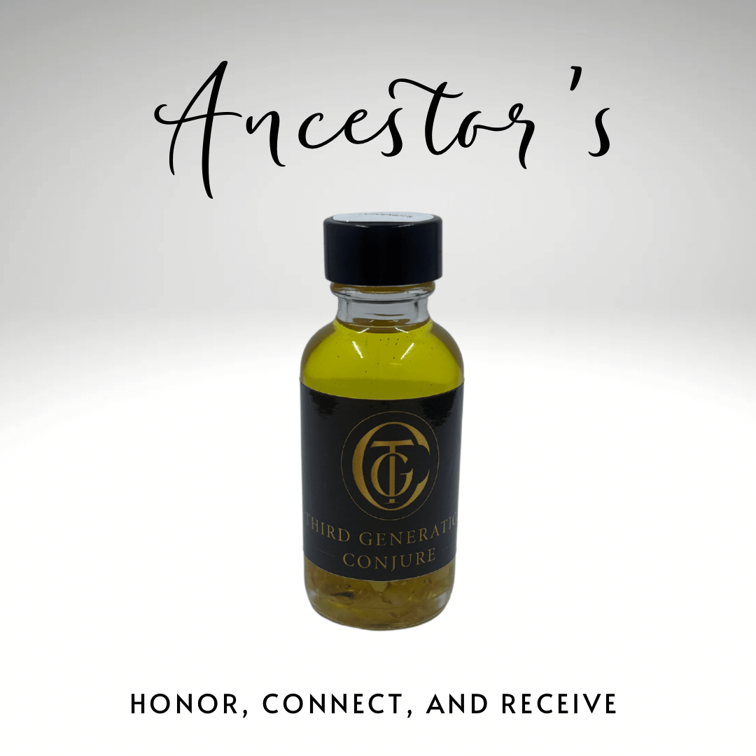 Bottle of 'Ancestor's' with a black label on a white background
