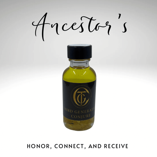Bottle of 'Ancestor's' with a black label on a white background