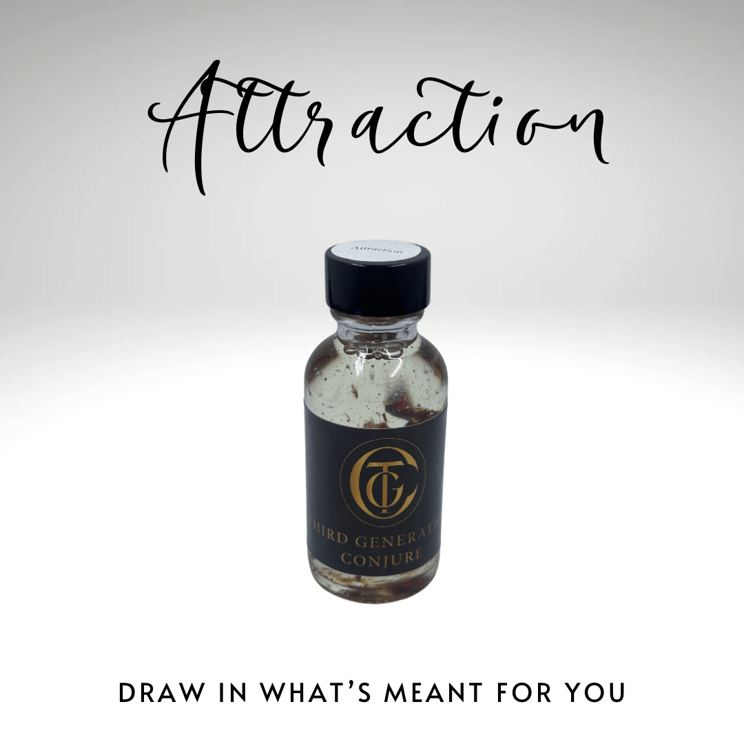 Bottle labeled 'Attraction' with text 'Draw in what's meant for you' on a light gray background