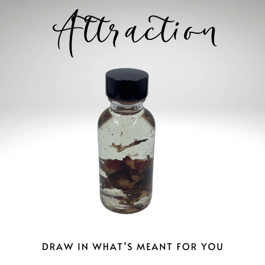 Glass bottle with black cap containing dried leaves on a white background with 'Attraction' text.