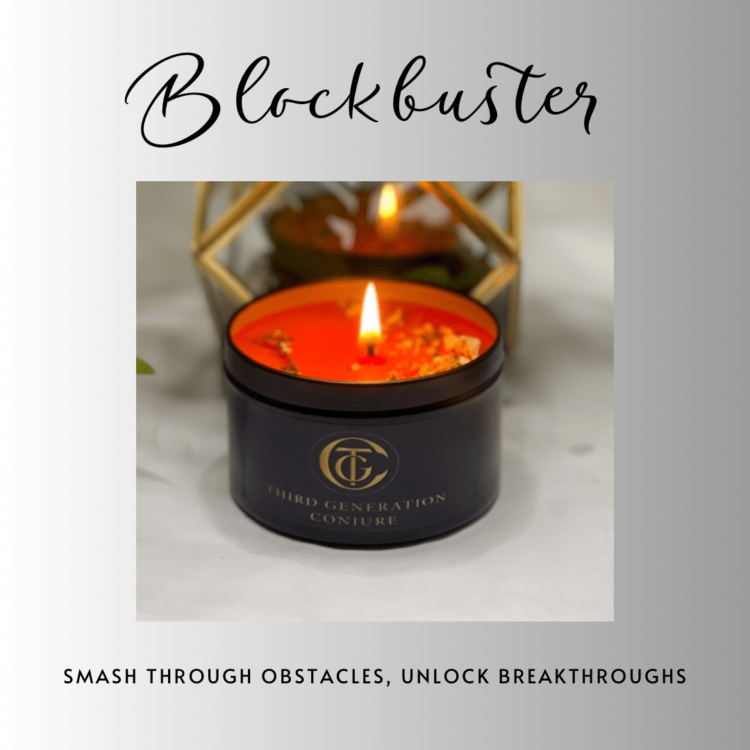 Candle in a black container with 'Blockbuster' text and motivational quote on a light gray background