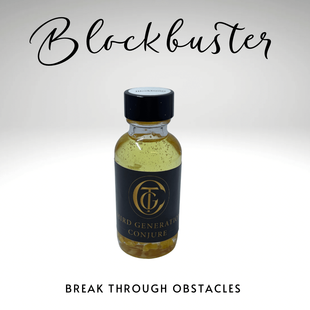 Bottle of 'Blockbuster' with text on a white background
