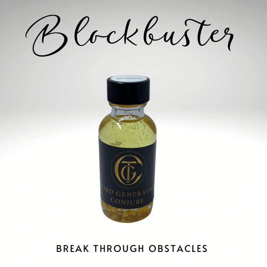 Bottle of 'Blockbuster' with text on a white background
