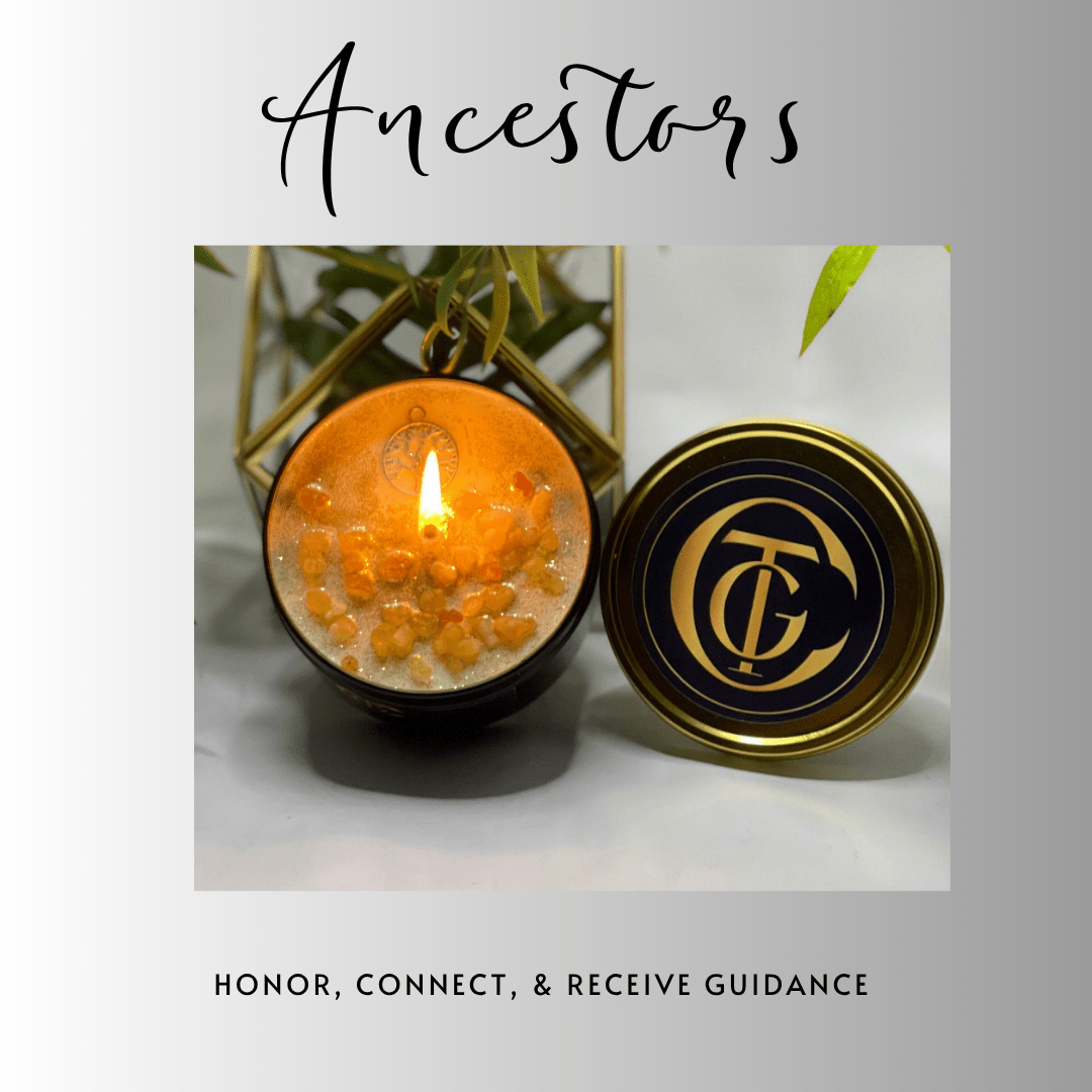 Candle with a lit wick and decorative lid on a white background, featuring the brand 'TC'.