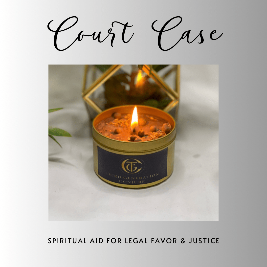 Candle in a tin labeled 'Court Case' with a geometric candle holder in the background.