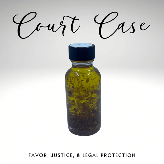 Bottle with a black cap on a white background, labeled 'Court Case' with text about favor, justice, and legal protection.