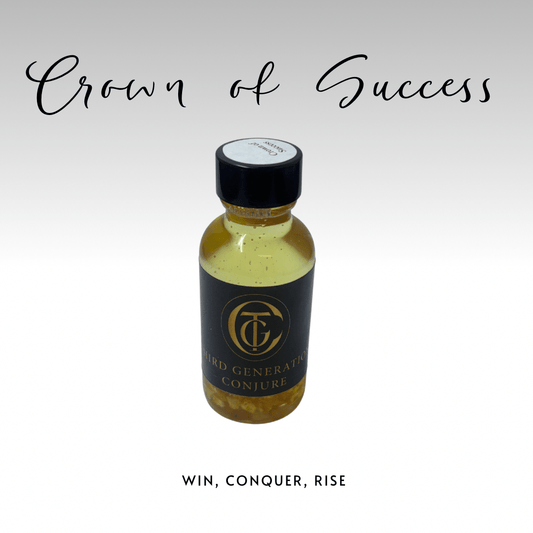 Bottle of 'Crown of Success' with a black label on a white background