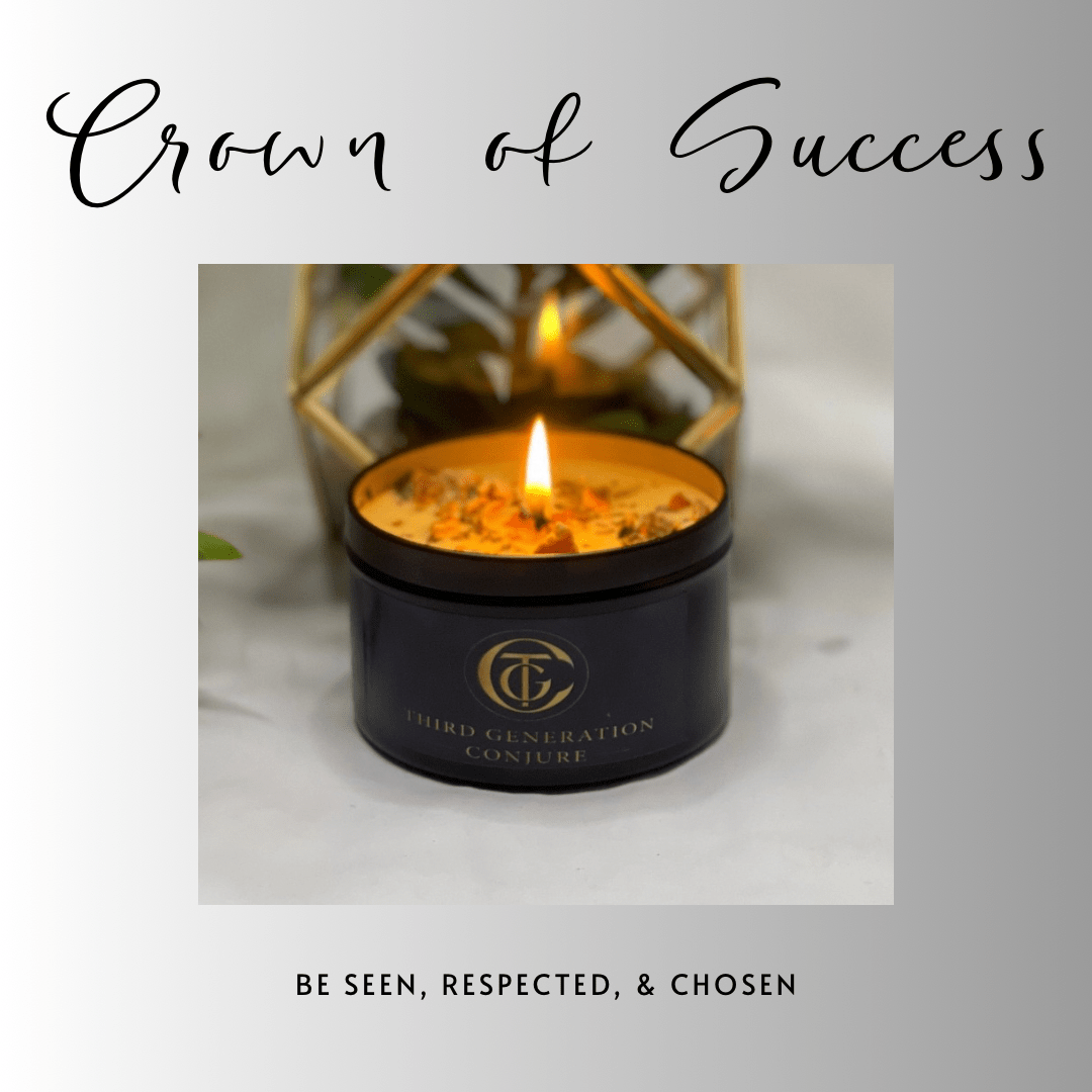 Candle in a black container with 'Crown of Success' text and motivational quote on a light background