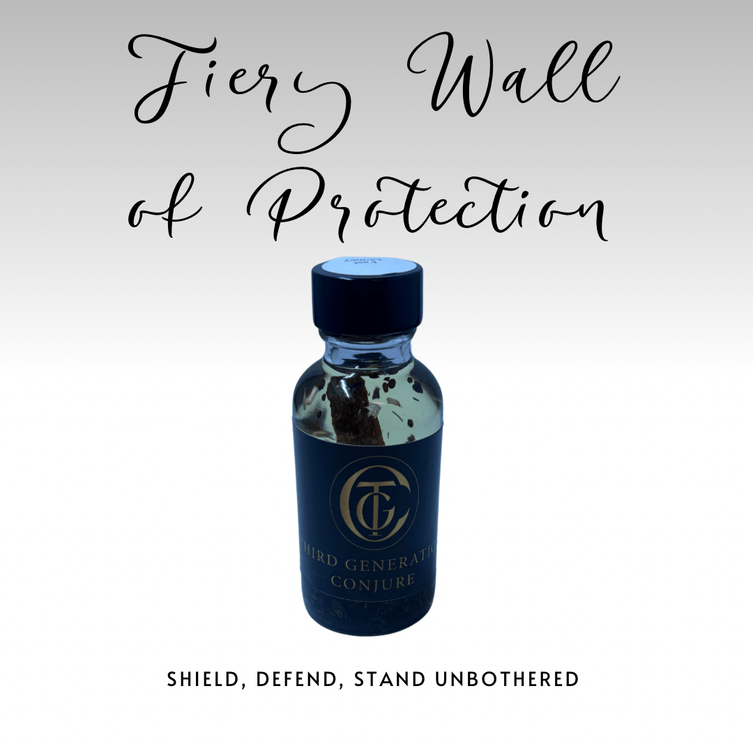 Bottle labeled 'Fiery Wall of Protection' with text on a light gray background