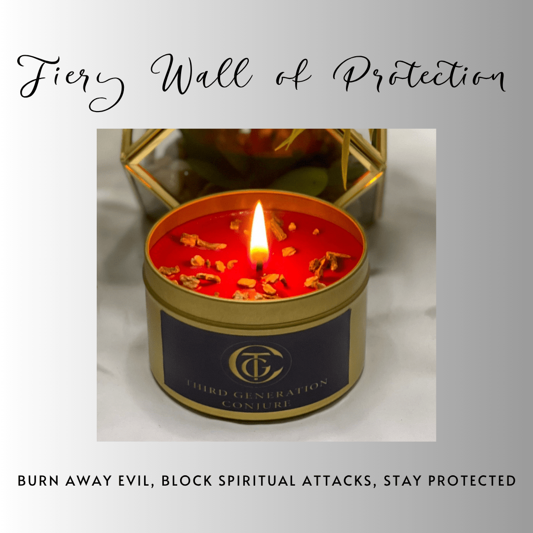 Candle in a tin labeled 'Fiery Wall of Protection' with text about burning away evil and blocking spiritual attacks.