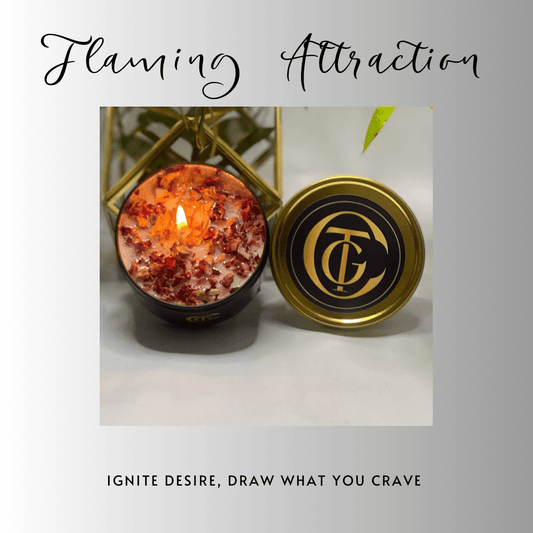 Candle with decorative lid on a light background, featuring 'Flaming Attraction' text.