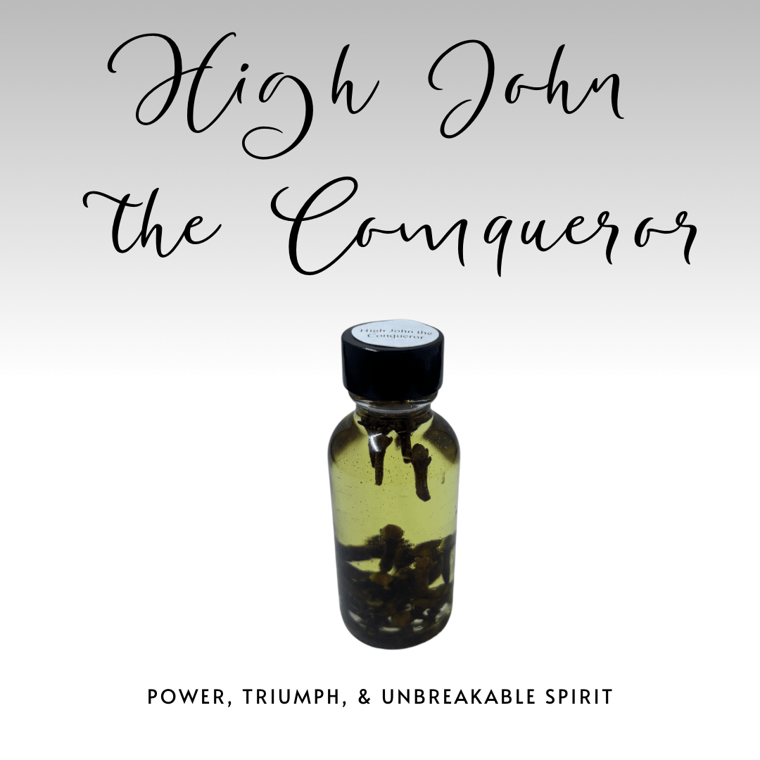 Bottle of 'High John the Conqueror' with text on a white background