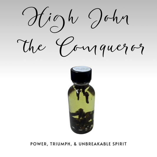 Bottle of 'High John the Conqueror' with text on a white background