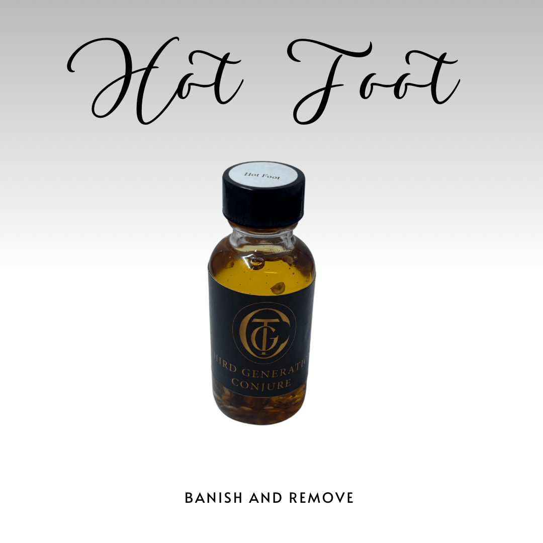 Bottle of 'Hot Foot' with a black cap and label on a white background