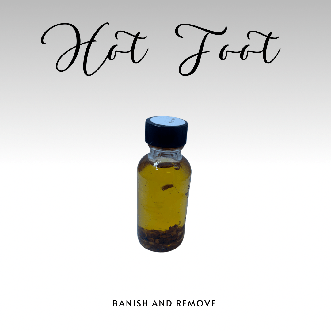 Small bottle labeled 'Hot Foot' with a black cap on a white background