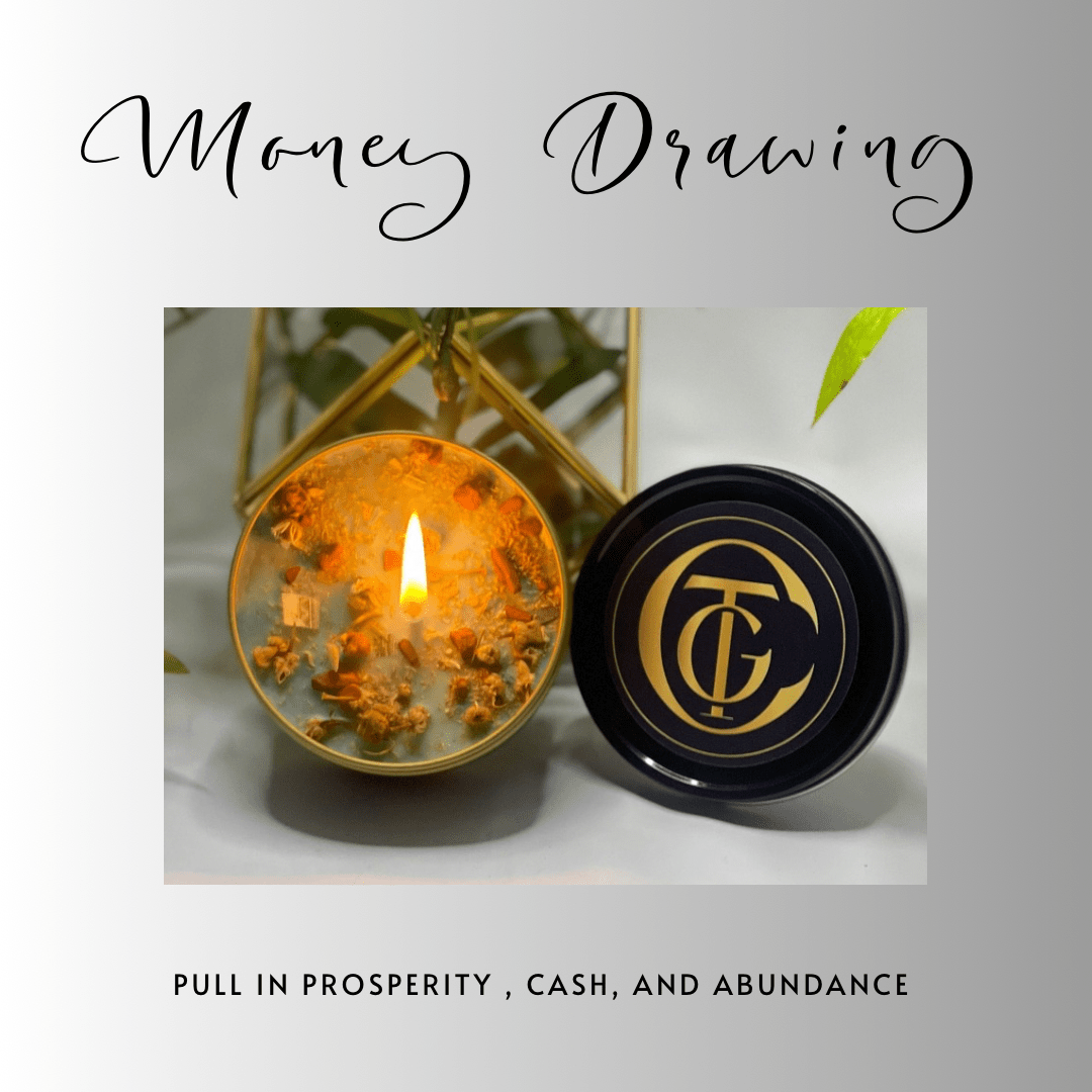 Candle and container with a logo on a white background, labeled 'Money Drawing'.