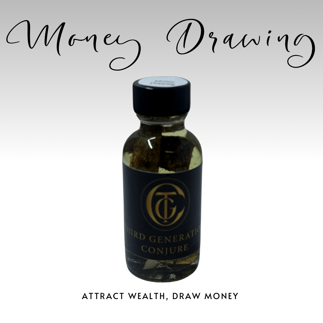 Bottle labeled 'Third Generation Conjure' with text 'Attract Wealth, Draw Money' on a gray background