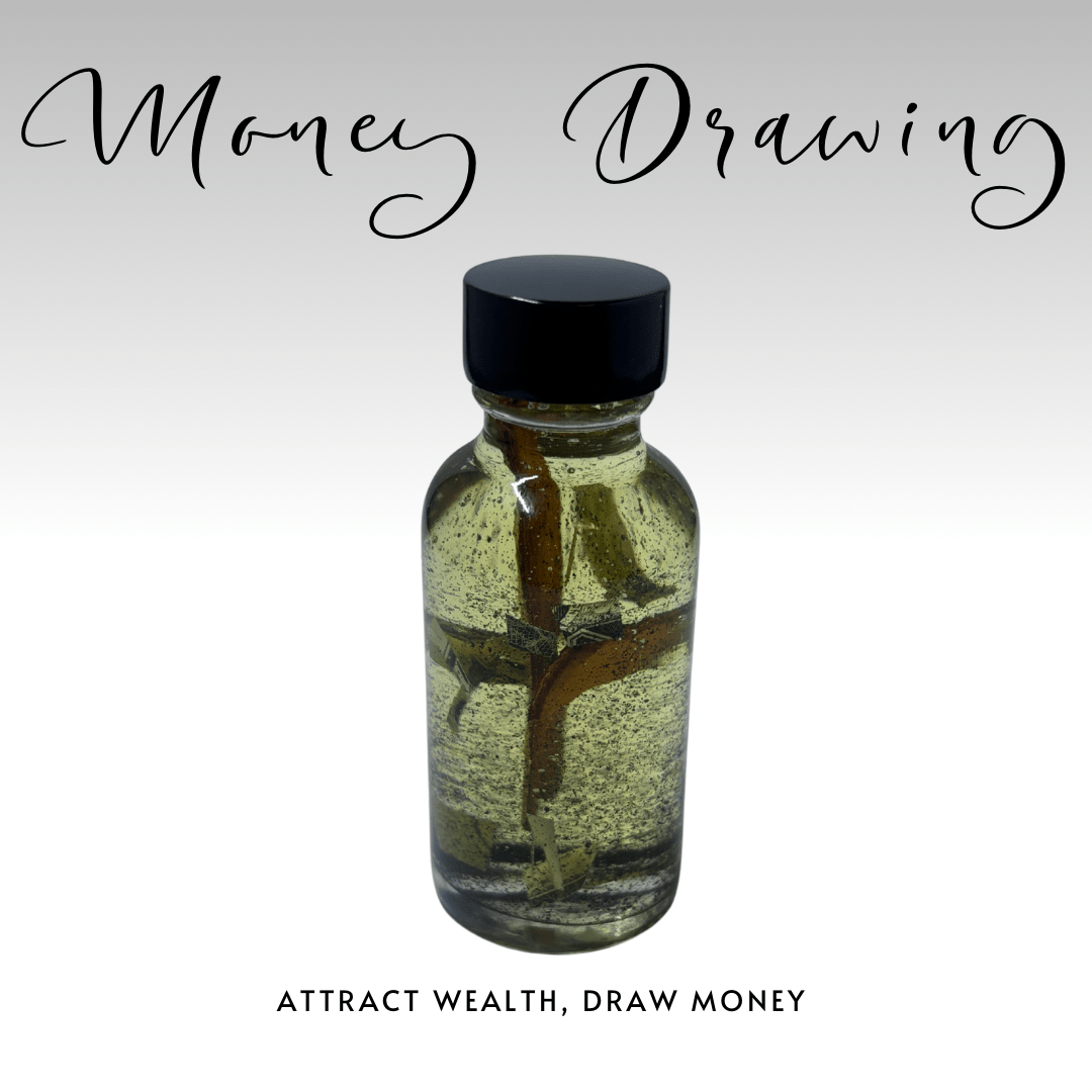 Bottle with a black cap containing a plant on a white background with text 'Money Drawing' and 'Attract Wealth, Draw Money'.