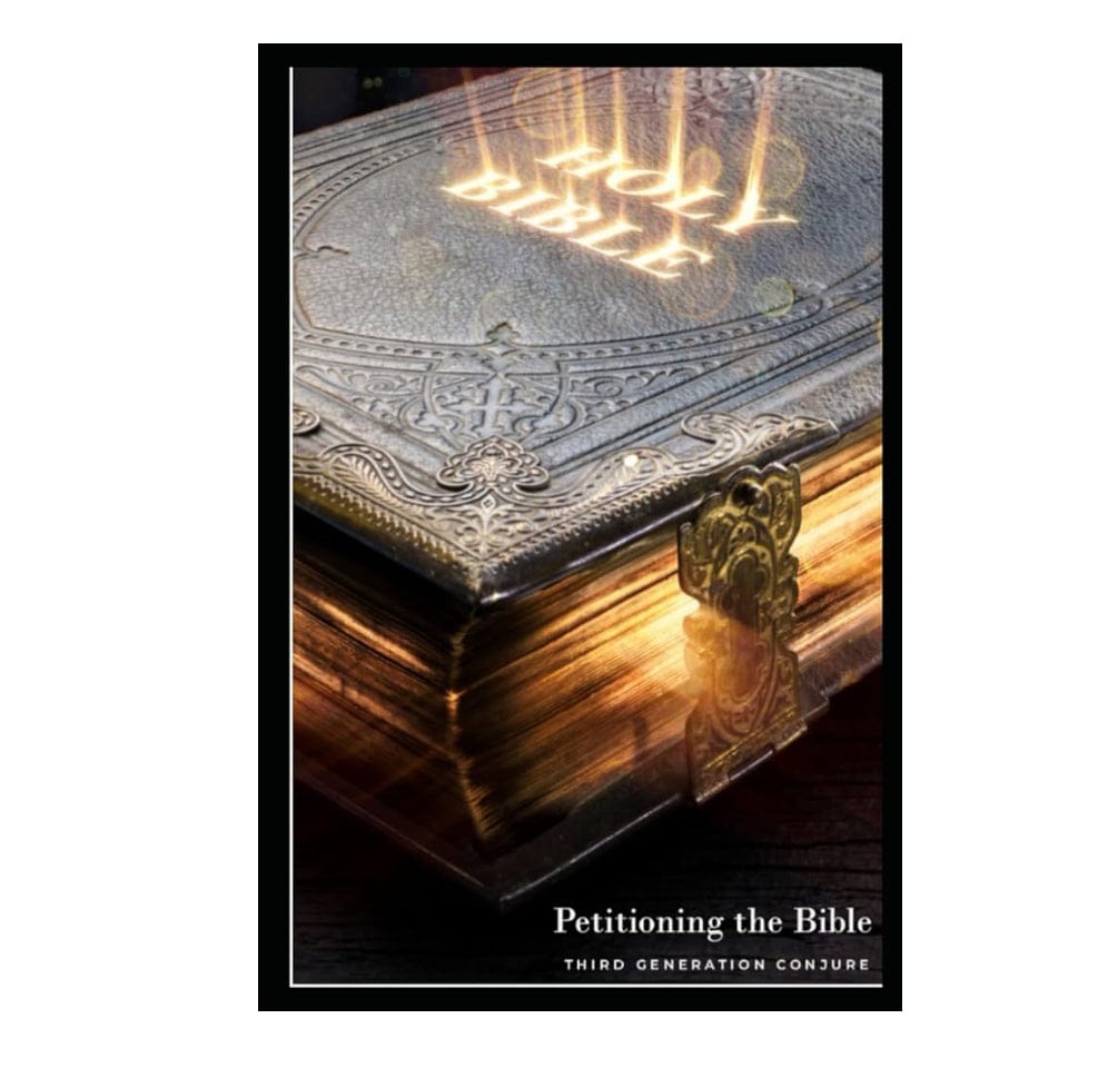 A book titled 'Petitioning the Bible' with an ornate cover featuring intricate designs and illumination.