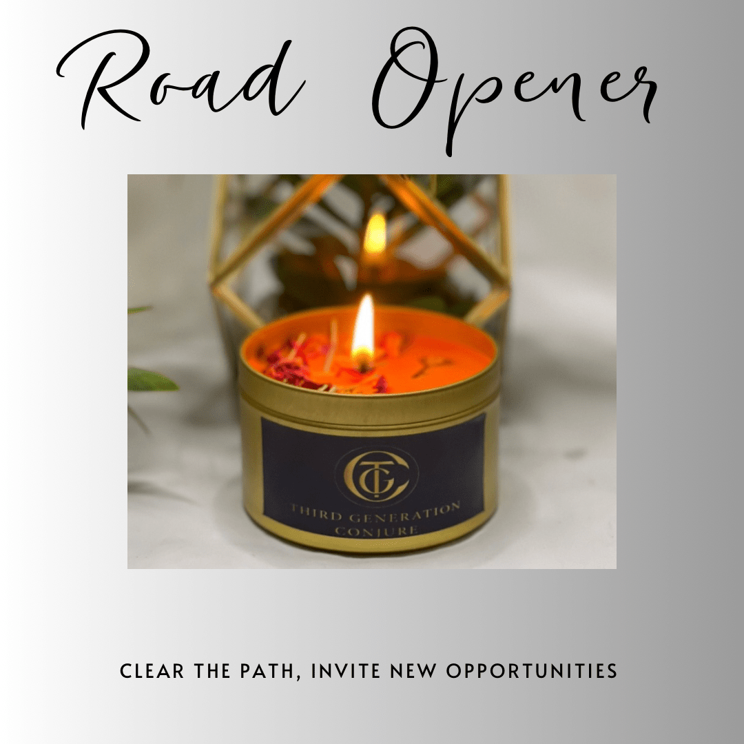 Candle in a tin labeled 'Road Opener' with a flame, on a light background.