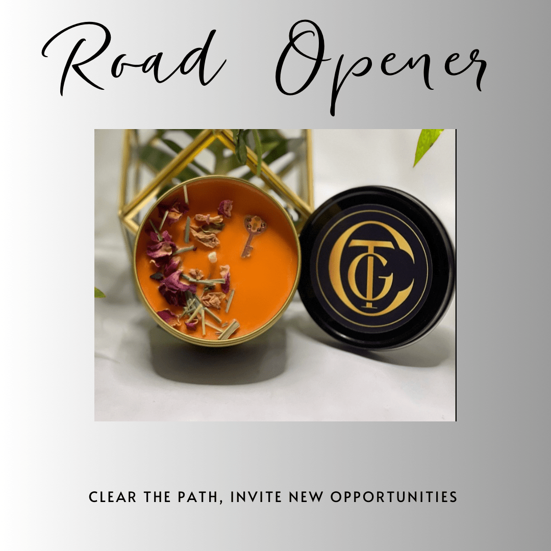 Candle with decorative elements and black lid on a white background, labeled 'Road Opener'.