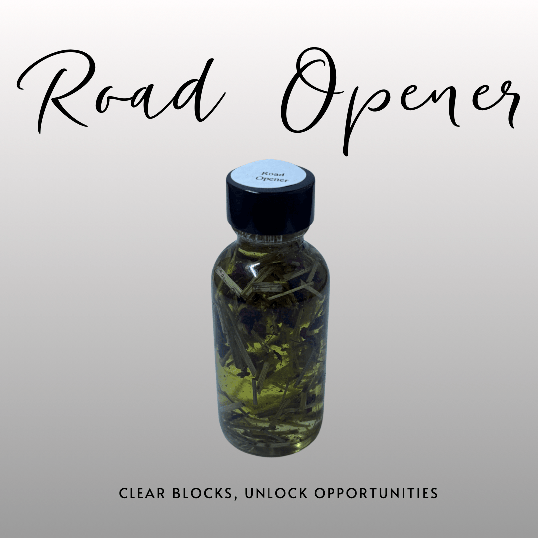 Bottle labeled 'Road Opener' with herbs on a gray background