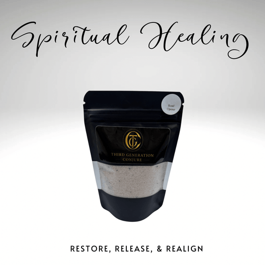 Black packaging with 'Third Generation Conjure' logo on a white background, featuring text 'Spiritual Healing' and 'Restore, Release, & Realign'.