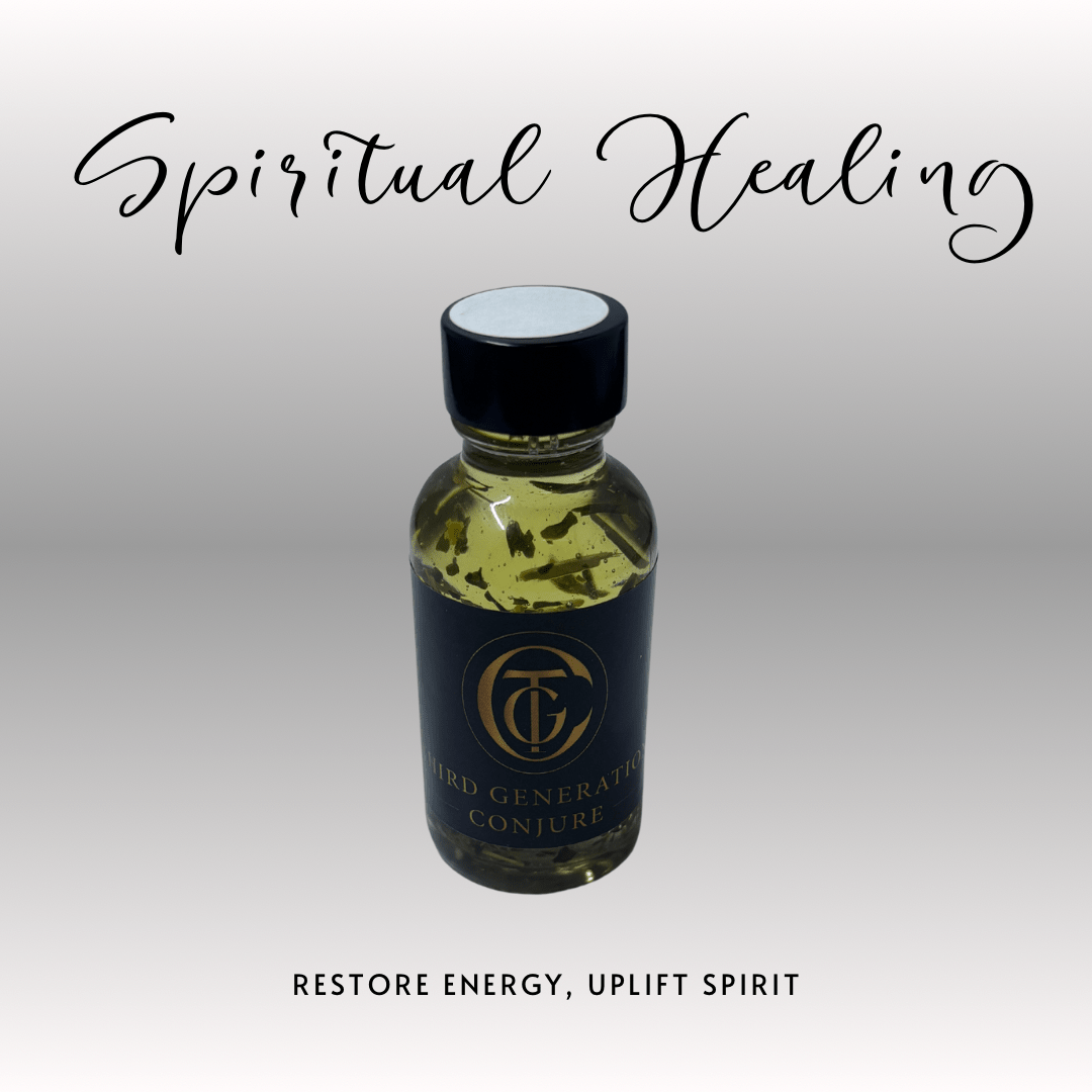 Bottle labeled 'Third Generation Conjure with text 'Spiritual Healing' and 'Restore Energy, Uplift Spirit' on a light gray background.