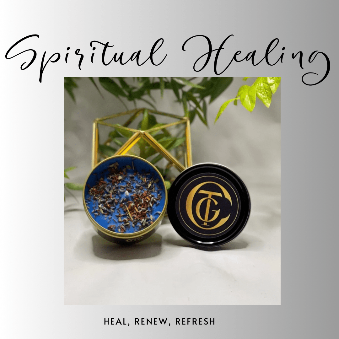Two small containers with decorative elements on a light surface, with text 'Spiritual Healing' and 'Heal, Renew, Refresh'.