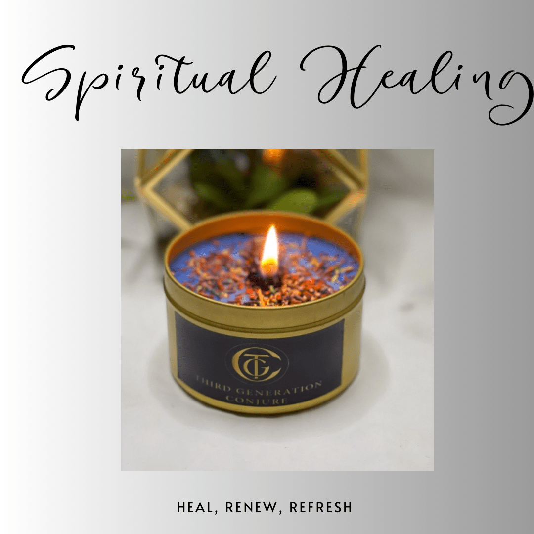 Candle in a tin with 'Spiritual Healing' text and brand logo on a light background