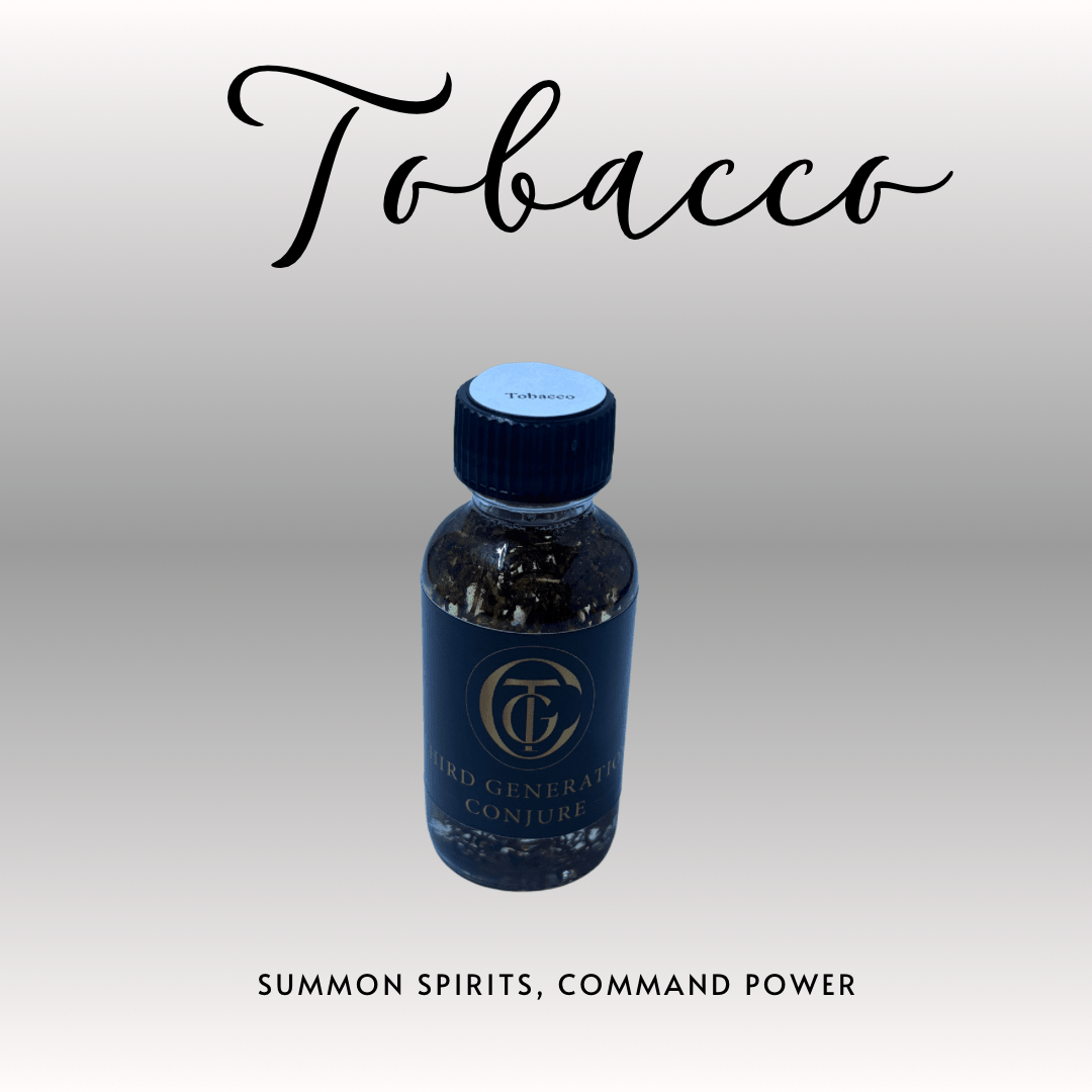 Blue bottle with a blue cap on a gray background, featuring the word 'Tobacco' and text about summoning spirits and command power.