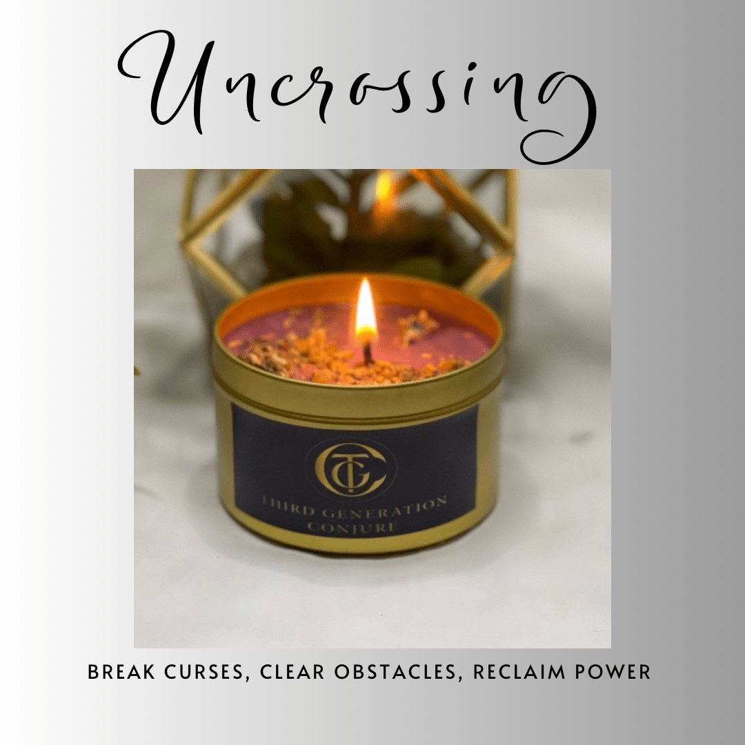 Candle in a tin with a label on a light background, featuring the word 'Uncrossing'.